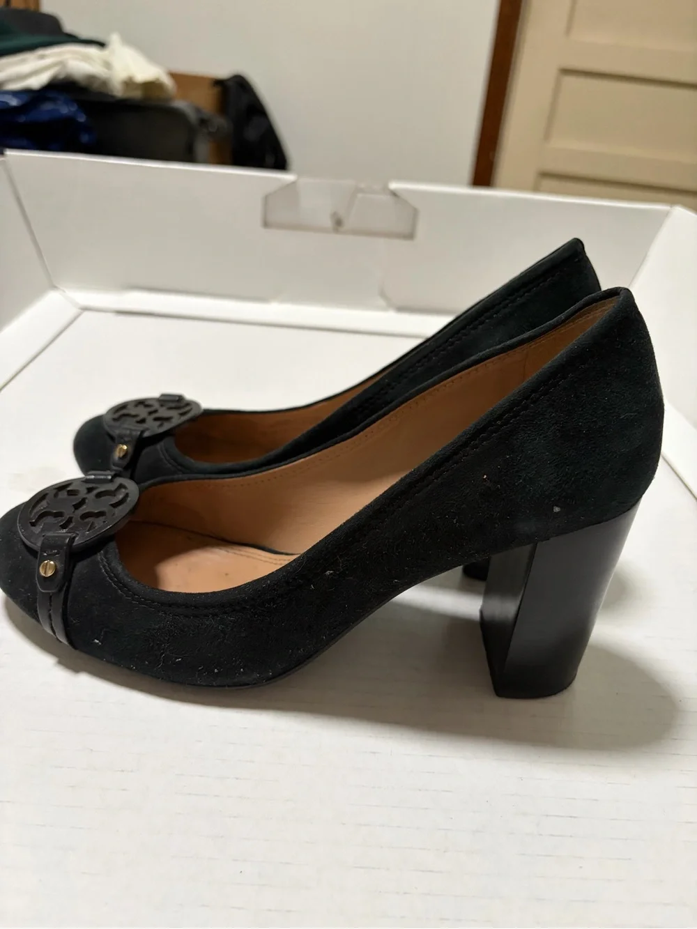 Tory Burch Black Suede Logo Round-Toe Pumps with Medallion